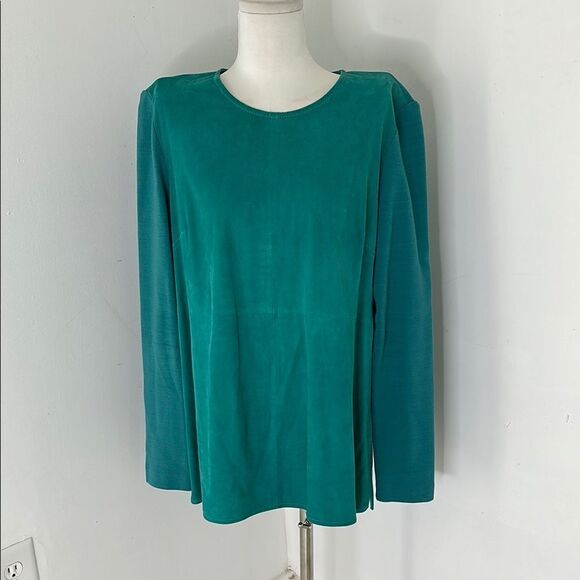 St.John Suede Wool Blend Knit Long Sleeve Top In Green - Picture 1 of 6